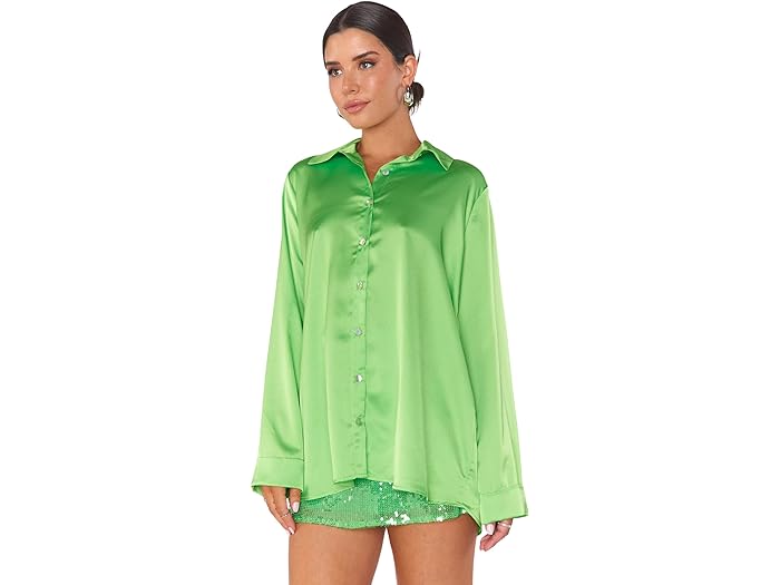 () VE ~[ A [[ fB[X X~X {^_E Show Me Your Mumu women Show Me Your Mumu Smith Button-Down Bright Green Luxe Satin