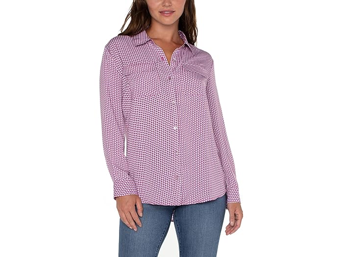 (取寄) リバプールロサンゼルス レディース フラップ ポケット ボタン フロント ウーブン ブラウザ Liverpool Los Angeles women Liverpool Los Angeles Flap Pocket Button Front Woven Blouse Fuchsia Geo