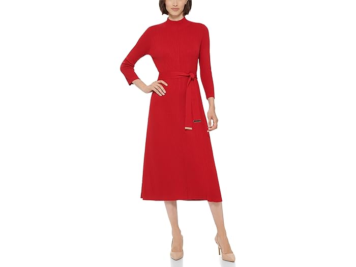 カルバンクライン ベルト（レディース） (取寄) カルバンクライン レディース セータードレス ウィズ ベルト Calvin Klein women Calvin Klein Sweaterdress with Belt Red