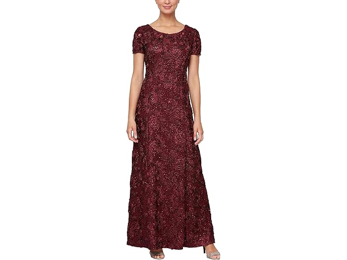 () AbNX CujOX fB[X O A-C [bg hX EBY V[NC fBe[ Alex Evenings women Alex Evenings Long A-Line Rosette Dress with Sequin Detail Merlot