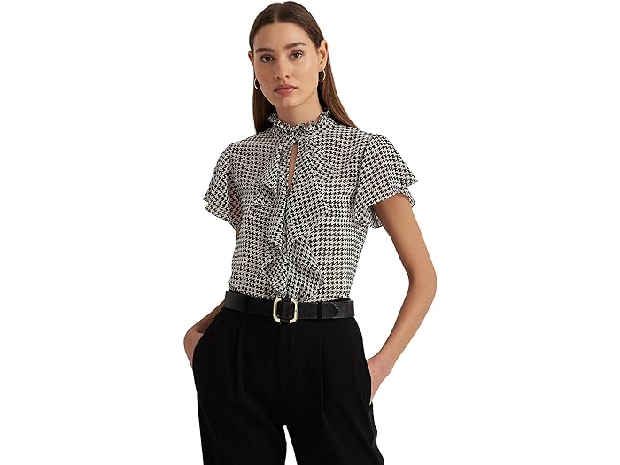 (取寄) ローレン ラルフローレン レディース ハウンドトゥース フリルトリム シフォン ブラウザ LAUREN Ralph Lauren women LAUREN Ralph Lauren Houndstooth Ruffle-Trim Chiffon Blouse Cream/Black