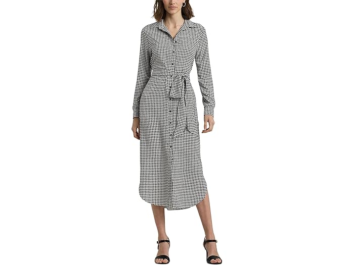 () [ t[ fB[X nEhgD[X xebh N[v VchX LAUREN Ralph Lauren women LAUREN Ralph Lauren Houndstooth Belted Crepe Shirtdress Cream/Black