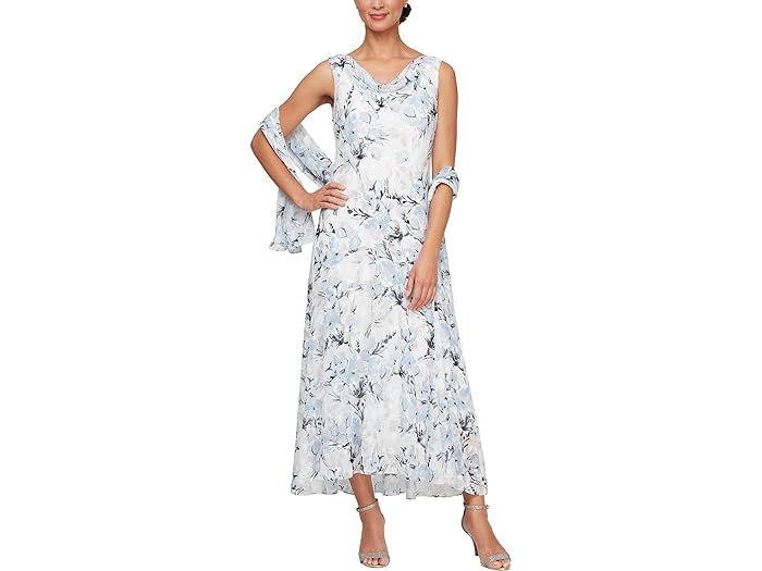 () AbNX CujOX fB[X eB[ OX VtH o[AEg hX EBY }b`O V[ Alex Evenings women Alex Evenings Tea Length Chiffon Burnout Dress with Matching Shawl Ivory Floral