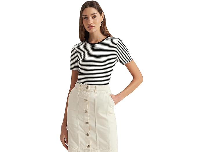 () [ t[ fB[X XgCvh Xgb` Rbg N[lbN eB[ LAUREN Ralph Lauren women LAUREN Ralph Lauren Striped Stretch Cotton Crewneck Tee Black/Mascarpone Cream