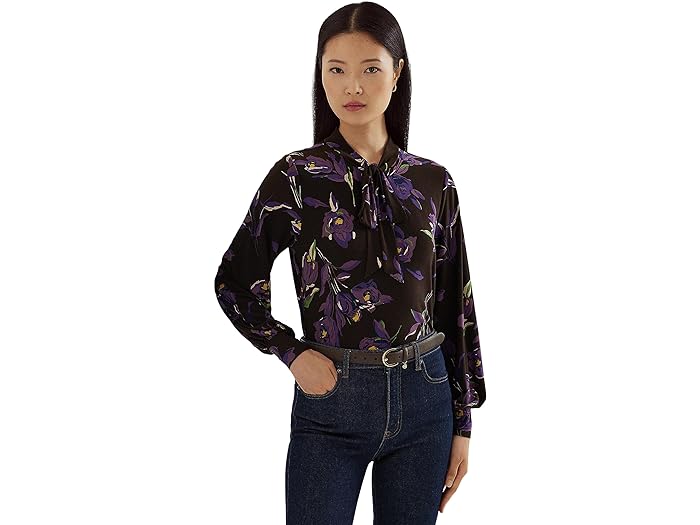 () [ t[ fB[X t[ Xgb` W[W ^C-lbN gbv LAUREN Ralph Lauren women LAUREN Ralph Lauren Floral Stretch Jersey Tie-Neck Top Brown/Purple/Multi