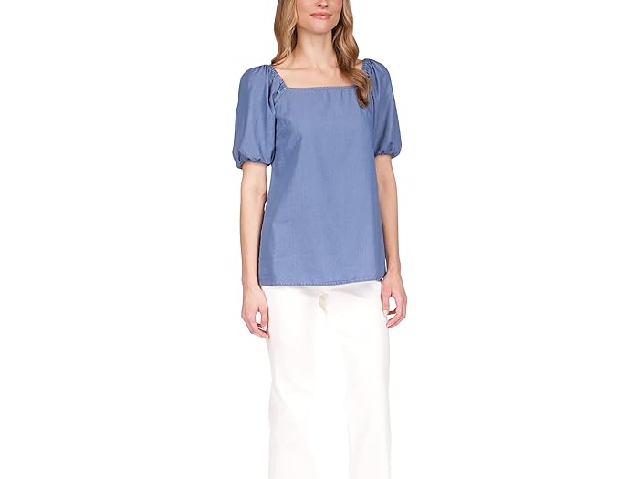 () ޥ륳 ǥ ԥƥ ֥졼  ͥå ȥå MICHAEL Michael Kors women MICHAEL Michael Kors Petite Chambray Square Neck Top Light Cadet Wash