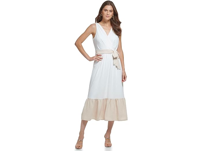 () _iLj[[N fB[X V-lbN bt w ~fB hX DKNY women DKNY V-Neck Ruffle Hem Midi Dress Ivory/Elegant Beige