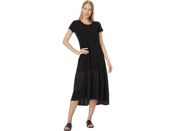 () GIbg [ fB[X N[ lbN V[g X[u hX EBY Te eBA fBe[ Elliott Lauren women Elliott Lauren Fushion, Crew neck Short Sleeve Dress with Satin tier detail Black