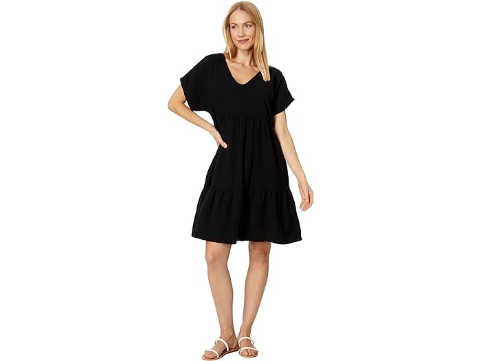 () bhI[hbN fB[X _u C[ K[[ V[g X[u V-lbN eBA[h hX Mod-o-doc women Mod-o-doc Double Layer Gauze Short Sleeve V-Neck Tiered Dress Black