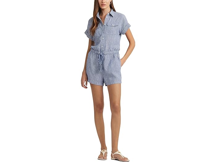 (取寄) ローレン ラルフローレン レディース ピンストライプ リネン ロンパー LAUREN Ralph Lauren women LAUREN Ralph Lauren Pinstripe Linen Shorts-Sleeve Romper Blue/White