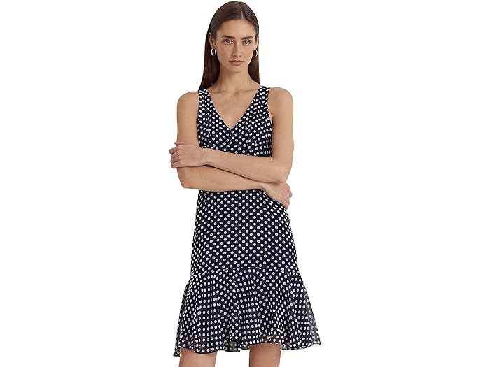 () [ t[ fB[X |J hbg VtH X[uX hX LAUREN Ralph Lauren women LAUREN Ralph Lauren Polka Dot Chiffon Sleeveless Dress Navy/Cream