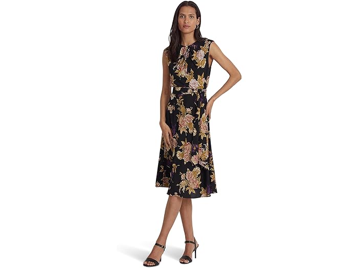 () [ t[ fB[X t[ ou N[v Lbv-X[u hX LAUREN Ralph Lauren women LAUREN Ralph Lauren Floral Bubble Crepe Cap-Sleeve Dress Black/Tan/Multi