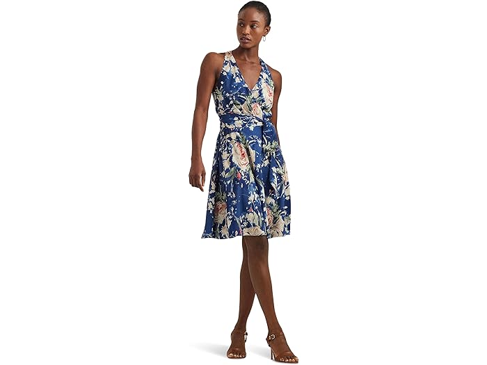 () [ t[ fB[X t[ xebh N[v X[uX hX LAUREN Ralph Lauren women LAUREN Ralph Lauren Floral Belted Crepe Sleeveless Dress Blue Multi