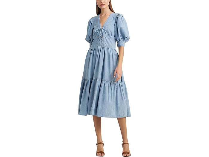 ラルフローレン　ドレス (取寄) ローレン ラルフローレン レディース シャンブレー パフスリーブ ドレス LAUREN Ralph Lauren women LAUREN Ralph Lauren Chambray Puff-Sleeve Dress Medium Chambray Wash