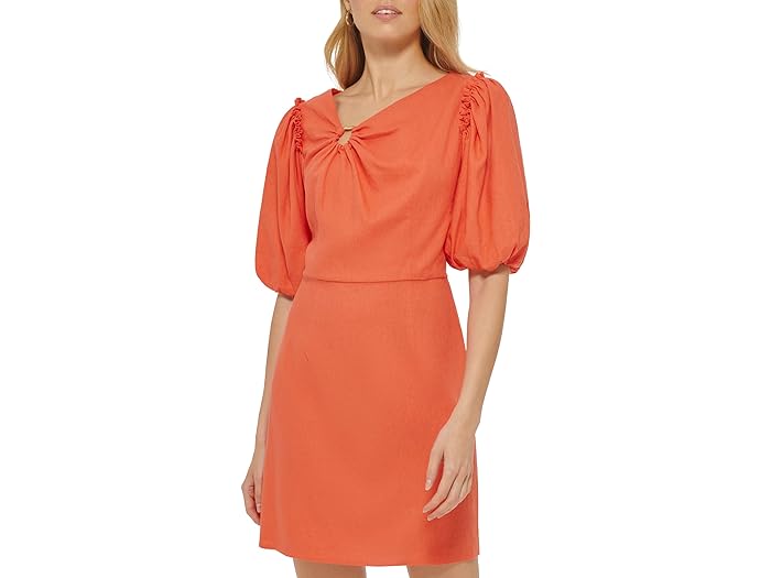 () _iLj[[N fB[X V[g X[u lbN O l ~fB hX DKNY women DKNY Short Sleeve Neck Ring Linen Midi Dress Persimmon