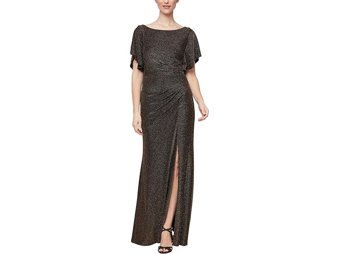 () AbNX CujOX fB[X O tb^[ X[u hX EBY [V EFXg fBe[ Ah tg Xbg Alex Evenings women Alex Evenings Long Flutter Sleeve Dress with Ruche Waist Detail and Front Slit Black Gold