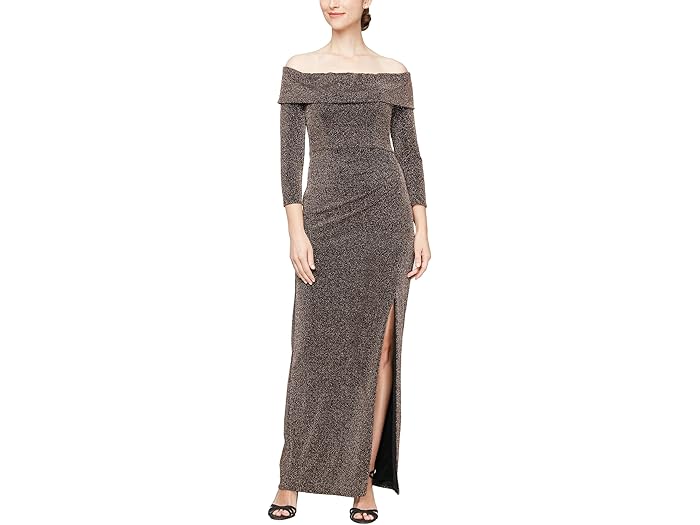 () AbNX CujOX fB[X O ^bN jbg It-U-V_[ hX X[u Ah bO Xbg Alex Evenings women Alex Evenings Long Metallic Knit Off-the-Shoulder Dress w/Long Sleeves & Leg Slit Black/Copper