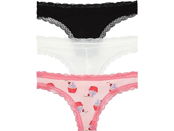 (取寄) ハニーデュー インティメイト レディース アイデン 3-パック レース バック トング Honeydew Intimates women Honeydew Intimates Aiden 3-Pack Lace Back Thong Black/White/Flirt Cupcakes