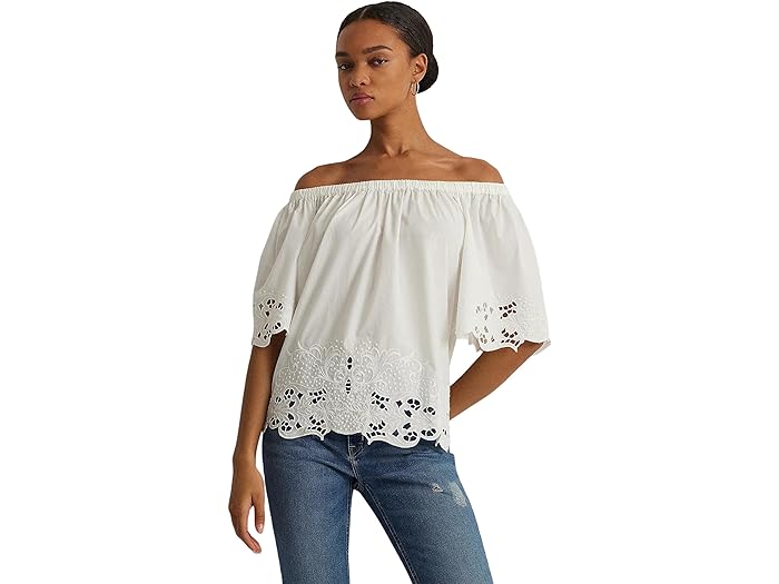 (取寄) ローレン ラルフローレン レディース アイレット コットン オフ-ザ-ショルダー ブラウザ LAUREN Ralph Lauren women LAUREN Ralph Lauren Eyelet Cotton Off-the-Shoulder Blouse White