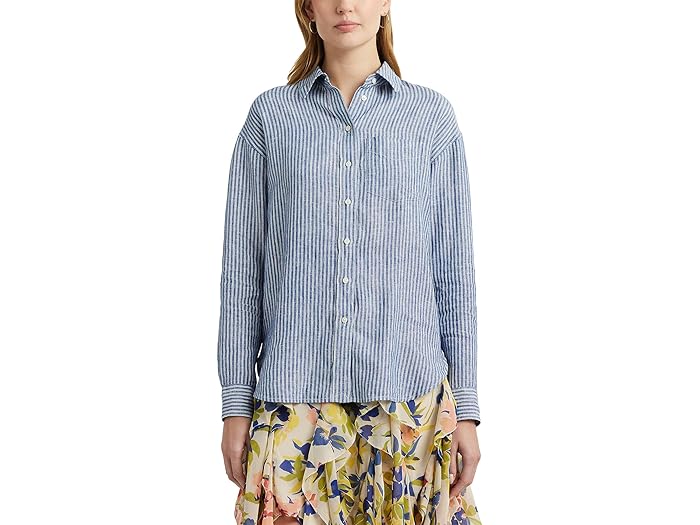 (取寄) ローレン ラルフローレン レディース リラックスド-フィット フィット ピンストライプ リネン シャツ LAUREN Ralph Lauren women LAUREN Ralph Lauren Relaxed Fit Pinstripe Linen Shirt Blue/Whiteのサムネイル