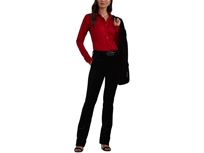 (取寄) ローレン ラルフローレン レディース クラシック フィット サテン シャルムーズ シャツ Lauren Ralph Lauren women Classic Fit Satin Charmeuse Shirt Festive Red