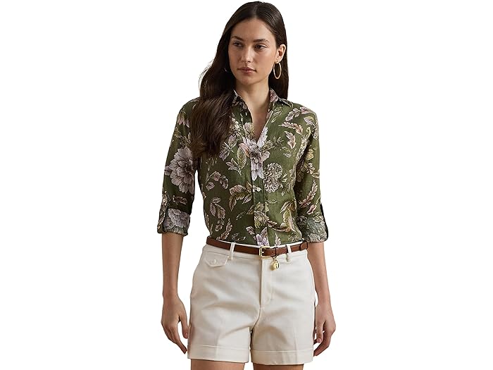 (取寄) ローレン ラルフローレン レディース リラックスド-フィット フィット フローラル リネン シャツ Lauren Ralph Lauren women Relaxed Fit Floral Linen Shirt Olive Multi