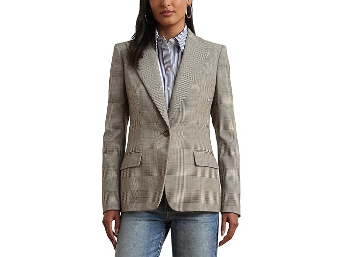 ()  ե ǥ  ץ쥤 åȥ ֥ ĥ ֥졼 Lauren Ralph Lauren women Glen Plaid Cotton Blend Twill Blazer Navy/Tan Multi
