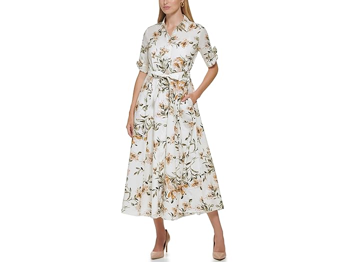 (取寄) カルバンクライン レディース コットン シャツ ドレス ウィズ ショート スリーブ タイ ディテール Calvin Klein women Cotton Shirt Dress with Short Sleeve Tie Detail Luggage Multi