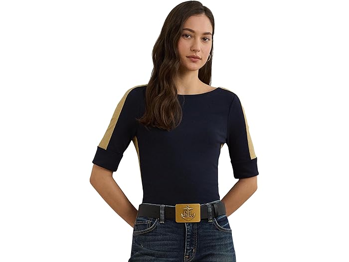 (取寄) ローレン ラルフローレン レディース ピティート ツートーン ストレッチ コットン エルボー-スリーブ ティー Lauren Ralph Lauren women Petite Two-Tone Stretch Cotton Elbow-Sleeve Tee Lauren Navy/Relic Gold
