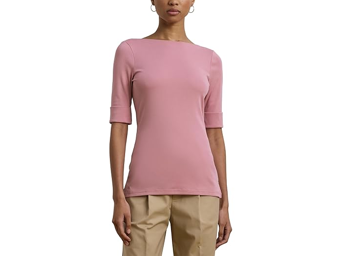 (取寄) ローレン ラルフローレン レディース ピティート ストレッチ コットン ボートネック ティー Lauren Ralph Lauren women Petite Stretch Cotton Boatneck Tee Rose Mauve