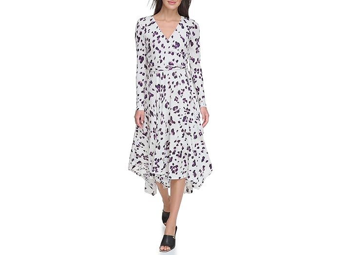 (取寄) ダナキャランニューヨーク レディース ロング スリーブ プリント V-ネック ラップ ドレス DKNY women Long Sleeve Print V-Neck Wrap Dress Pebble/Black Multi