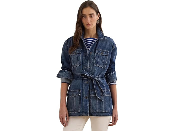 (取寄) ローレン ラルフローレン レディース ピティート ベルテッド デニム シャツ ジャケット Lauren Ralph Lauren women Petite Belted Denim Shirt Jacket Marina Wash