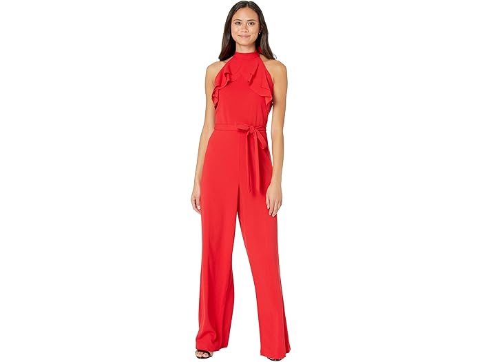 (取寄) ベベ レディース ラッフル ホルター タイ ネック ジャンプスーツ Bebe women Ruffle Halter Tie Neck Jumpsuit Red