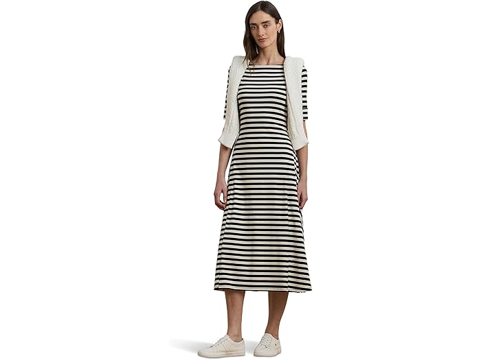 (取寄) ローレン ラルフローレン レディース ストライプド ストレッチ コットン ミディ ドレス Lauren Ralph Lauren women Striped Stretch Cotton Midi Dress Black/Mascarpone Cream