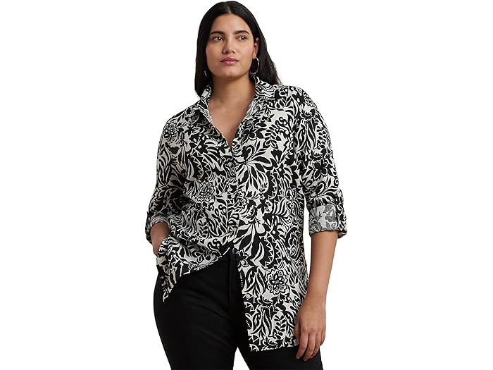 (取寄) ローレン ラルフローレン レディース プラス サイズ リラックスド-フィット フィット フローラル リネン シャツ Lauren Ralph Lauren women Plus Size Relaxed Fit Floral Linen Shirt Cream/Black