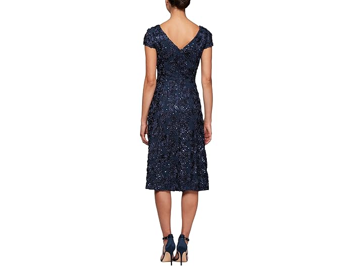 (取寄) アレックス イブニングス レディース ティー レングス A-ライン ロゼット ドレス Alex Evenings women Tea Length A-Line Rosette Dress Navy