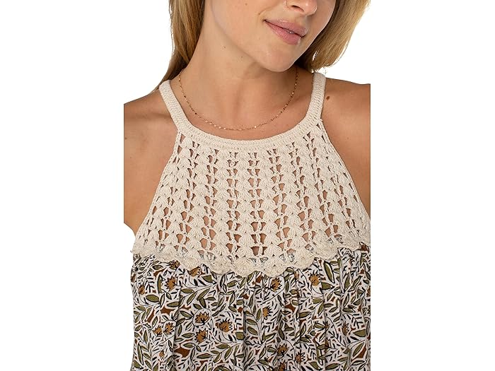 (取寄) リバプールロサンゼルス レディース スリーブレス ウーブン ホルター ウィズ クローシェ トップ Liverpool Los Angeles women Sleeveless Woven Halter with Crochet Top Olive Leaf/Cream