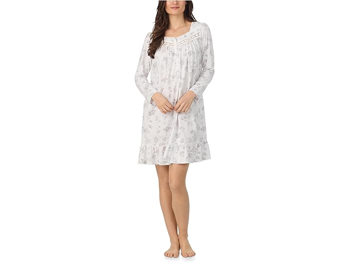 (取寄) アイリーン ウエスト レディース コットン ニット ロング スリーブ ショート ナイトガウン Eileen West women Cotton Knit Long Sleeve Short Nightgown Grey Floral