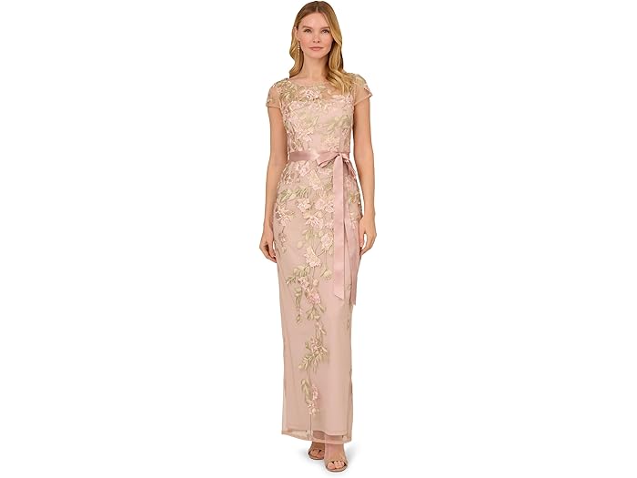 (取寄) アドリアナ パぺル レディース カスケーディング フローラル エンブロイダー ロング カラム ガウン Adrianna Papell women Cascading Floral Embroidered Long Column Gown Blush/Nude Multi