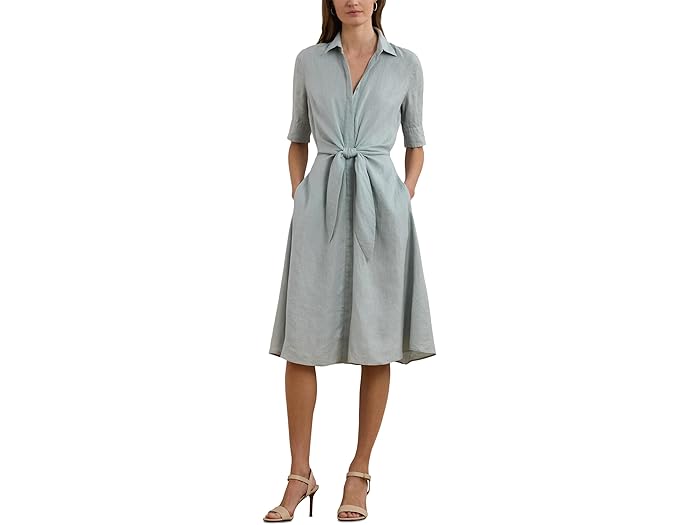 (取寄) ローレン ラルフローレン レディース タイフロント リネン シャツドレス Lauren Ralph Lauren women Tie-Front Linen Shirtdress Aqua Pearl