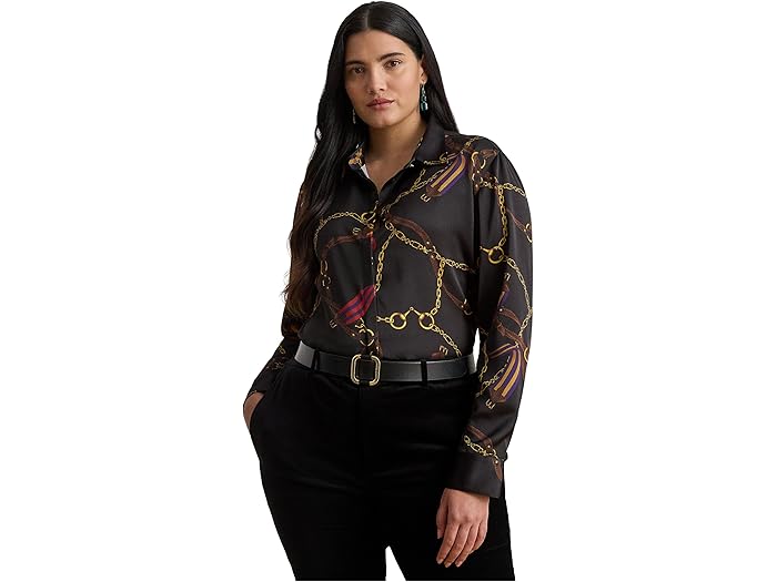 Rakuten - (取寄) ローレン ラルフローレン レディース プラス サイズ クラシック フィット ベルティング-プリント サテン シャツ Lauren Ralph Lauren women Plus Size Classic Fit Belting-Print Satin Shirt Black Multi