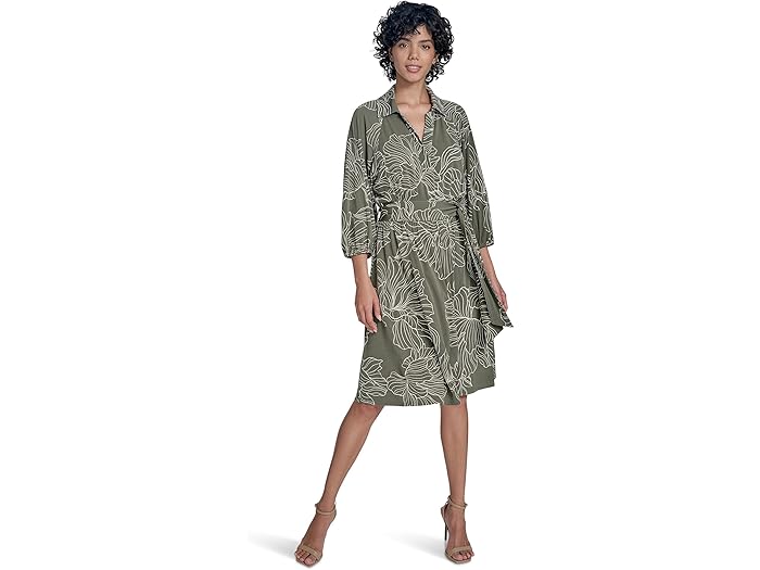 (取寄) カルバンクライン レディース マット ジャージ パフ スリーブ セルフ タイ Aライン Calvin Klein women Matte Jersey Puff Sleeve Self Tie Aline Caper/Antiqe White(4.0)