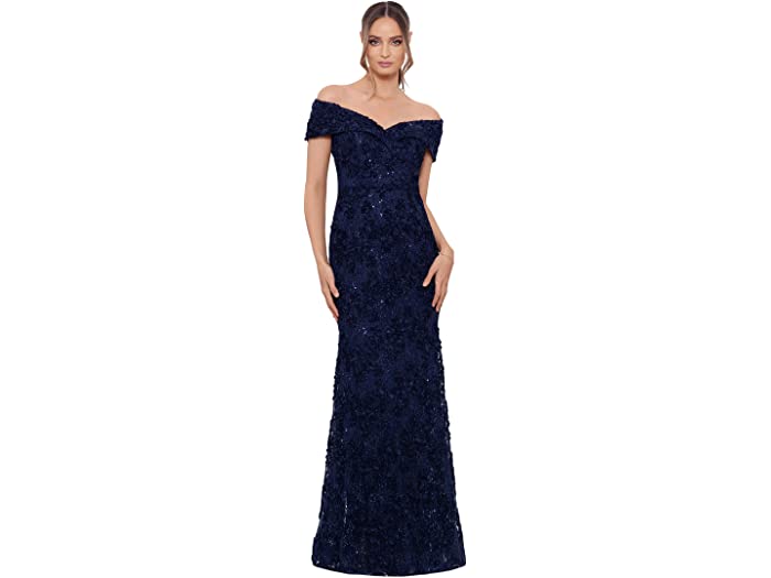 (取寄) エスケイプ レディース ロング オフショルダー レース ドレス XSCAPE women Long Off-the-Shoulder Lace Dress Navy