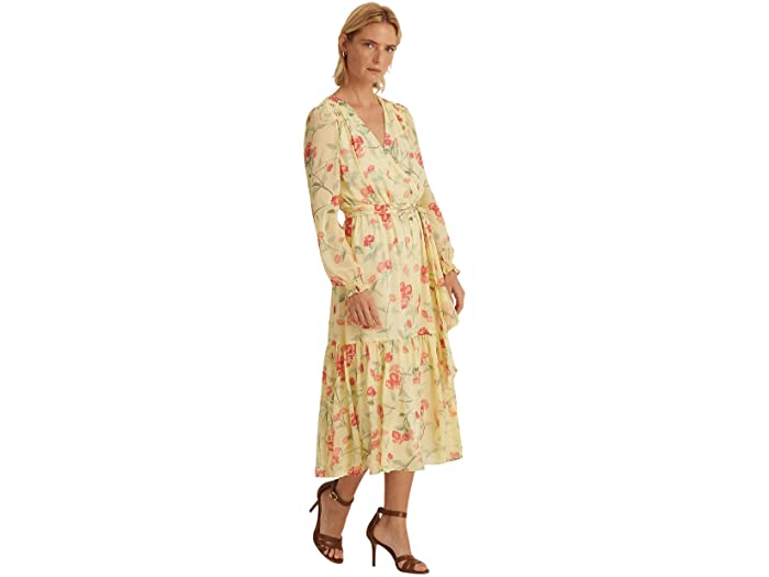 (取寄) ローレン ラルフローレン レディース フローラル クリンクル ジョーゼット ドレス LAUREN Ralph Lauren women Floral Crinkled Georgette Dress Yellow/Sage/Multi