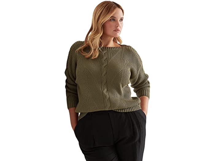 (取寄) ローレン ラルフローレン レディース プラス サイズ ケーブルニット コットンブレンド セーター LAUREN Ralph Lauren women Plus Size Cable-Knit Cotton-Blend Sweater Olive Fern