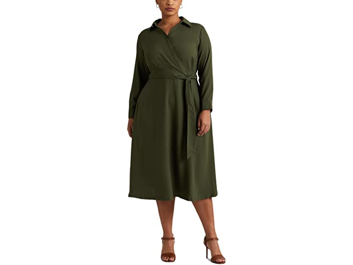 (取寄) ローレン ラルフローレン レディース プラス サイズ ロング スリーブ ジョーゼット ミディ ドレス LAUREN Ralph Lauren women Plus Size Long Sleeve Georgette Midi Dress Dark Tropical Olive