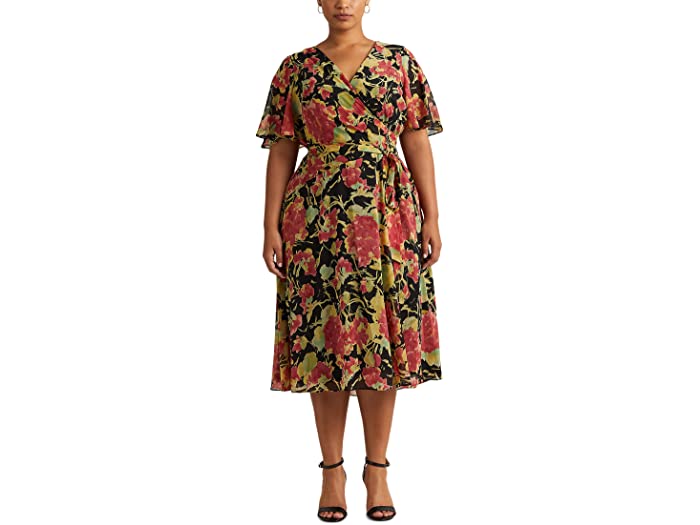 (取寄) ローレン ラルフローレン レディース プラス サイズ フローラル クリンクル ジョーゼット ミディ ドレス LAUREN Ralph Lauren women Plus Size Floral Crinkle Georgette Midi Dress Black Multi