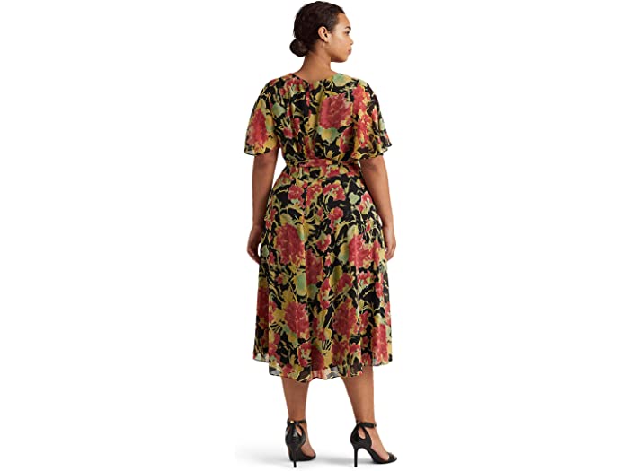 (取寄) ローレン ラルフローレン レディース プラス サイズ フローラル クリンクル ジョーゼット ミディ ドレス LAUREN Ralph Lauren women Plus Size Floral Crinkle Georgette Midi Dress Black Multi