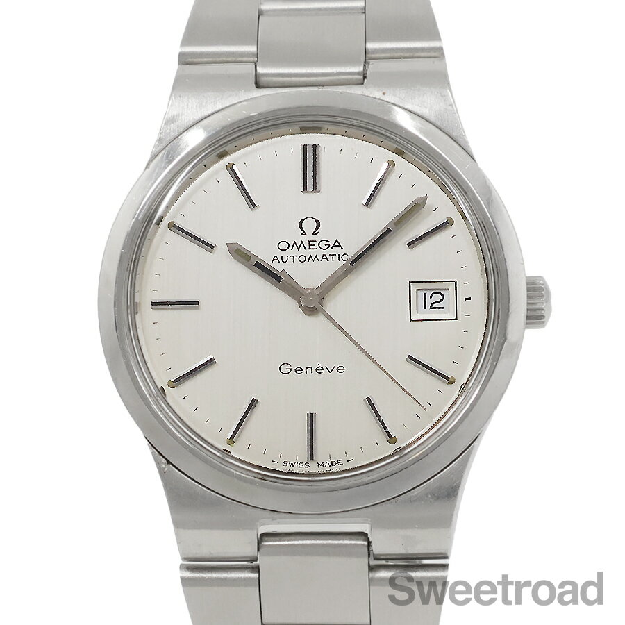 取扱店舗 スイートロード川崎本店 TEL：044-544-8177 ご注文から発送までに1～2営業日お時間をいただきます。 【おすすめポイント】 現在のオメガのラインナップには存在しないペットネーム「GENEVE／ジュネーブ」。 1950年代頃に登場し、1970年代後半には途絶えた貴重なモデルです。 本商品は、美しいヘアライン仕上げが施されたグレーシルバーダイヤルが目を惹く個体です。 針にわずかな経年がございますが、文字盤自体は綺麗な状態です。 ラージサイズのラウンドケースには、若干の小傷がございますが、エッジの効いたケースフォルムは維持されています。 ムーブメントは、70年代のオメガを代表する1000番台の自動巻キャリバー「1012」を搭載。 実用的なクイックチェンジ機能を備えており、日常使いにもお勧めの一本です。 ベルトは、本モデル専用の純正ステンレスブレスが装着されています。 当店にてOH（分解掃除）を行っております。 【商品詳細】 ブランド：オメガ モデル：ジュネーブ リファレンス：166.0173 製造年：1973年 文字盤：オリジナルダイヤル ケース素材：SS ケースサイズ：縦43mm/横36mm(リューズ除く)/厚み10mm ベルト：オメガ純正ステンレスブレス ベルト全長：20.5cm ムーブメント：Cal.1012(自動巻) 付属品：なし 保証：2年間 状態：中古（ヴィンテージ） 防水機能：非防水 【操作方法】 ■時刻合わせ／カレンダーの早送り方法 ・リューズを1段引くと日付の早送りが行えます。 ・リューズを2段引くと針の操作（時刻合わせ）が行えます。 ・日付と時刻を合わせたら、リューズを元の位置に押し戻してください。 ※20時から翌朝の4時の間（カレンダーの操作禁止時間帯）に針がある時は、日付の早送り操作を行わないでください。