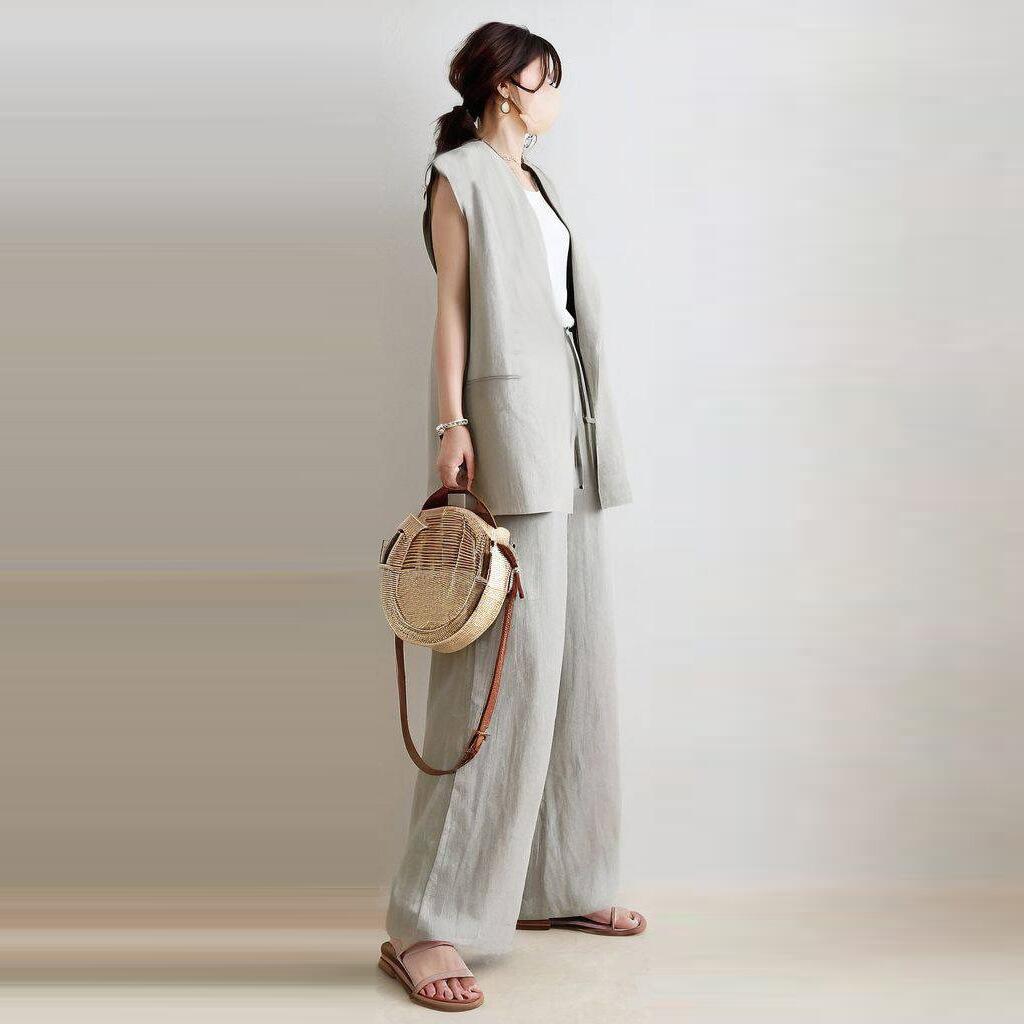 セットアップ レディース ワイドパンツ タンクトップノースリーブ バックスリット ブラウス ロングパンツ 無袖 トップス 2点セット 夏 春 秋 さらりと心地よい 涼やか 着痩せ シンプル カジュアル 上品 レイヤード風 女性らしい